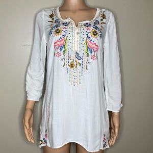 J.Jill Embroidered Peasant White Tunic 3/4th Sleeved Top Size Small